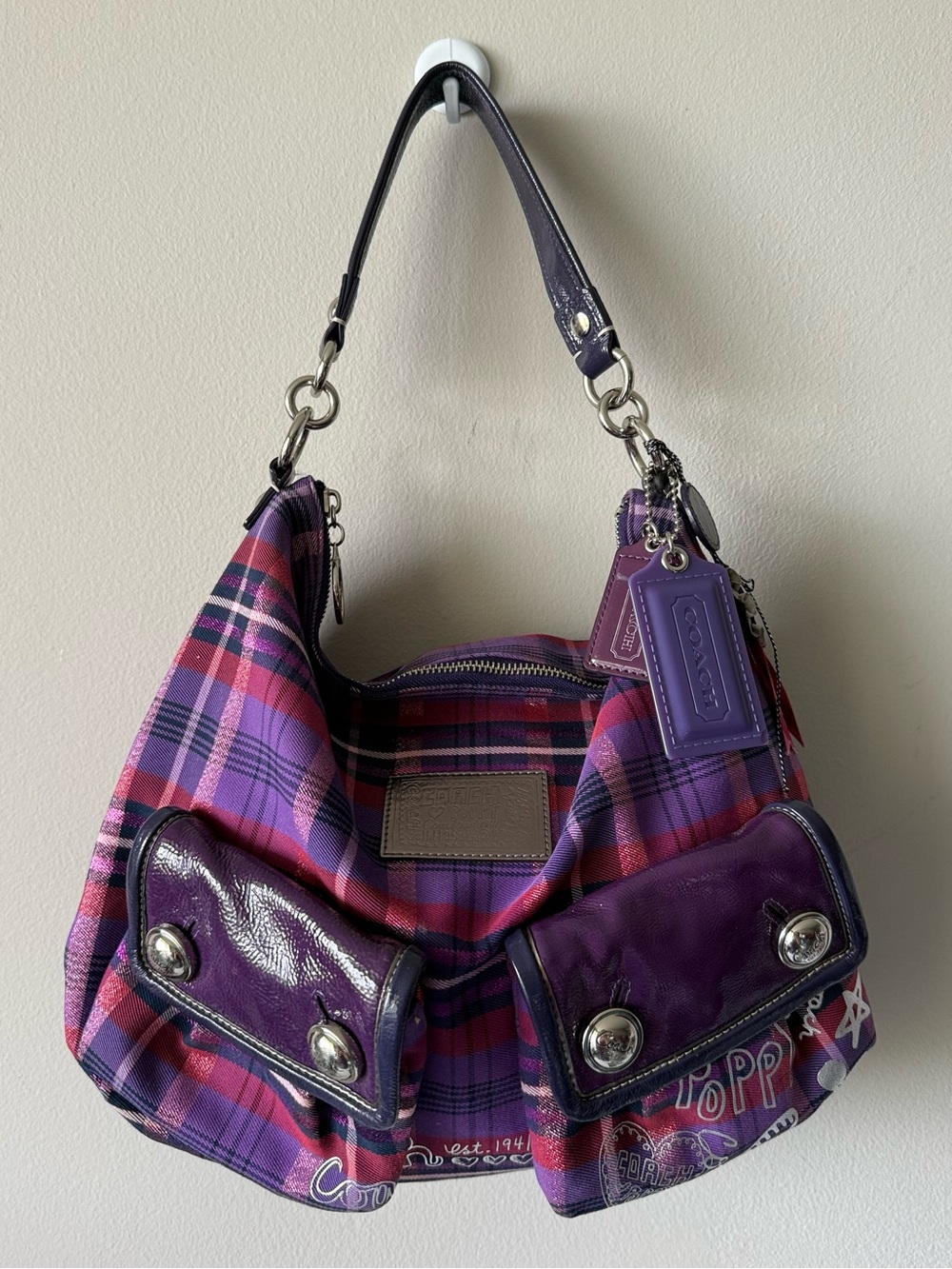Coach Poppy Tartan Plaid Purple Shoulder Crossbody Bag #16120 w/ Charms Hangtags - Picture 2 of 9
